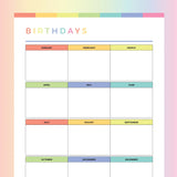 Printable Birthday Tracker For Kids - Rainbow