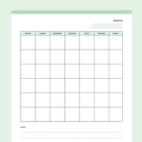 Printable Blank Monday to Sunday Calendar Page - Green