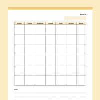 Printable Blank Monday to Sunday Calendar Page - Yellow