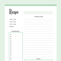 Printable Blank Recipe Sheets - Green