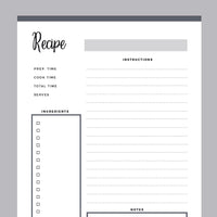 Printable Blank Recipe Sheets - Grey