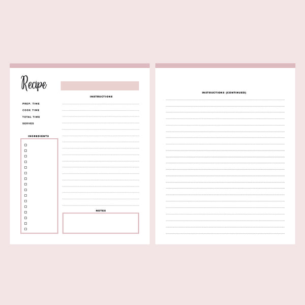 Printable Blank Recipe Sheets - Pink