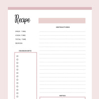 Printable Blank Recipe Sheets - Pink