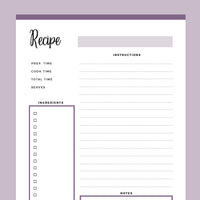 Printable Blank Recipe Sheets - Purple