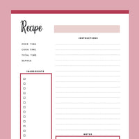 Printable Blank Recipe Sheets - Red