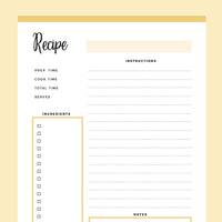 Printable Blank Recipe Sheets - Yellow