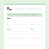 Printable Blank Recipe Template - Green