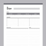 Printable Blank Recipe Template - Grey