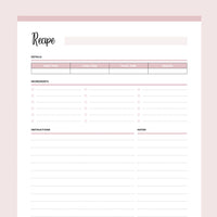 Printable Blank Recipe Template - Pink