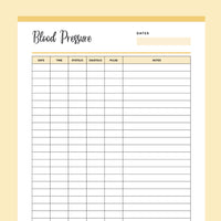 Printable Blood Pressure Chart - Yellow