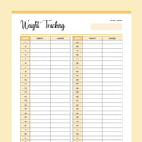 Printable Body Weight Tracking Sheet - Yellow