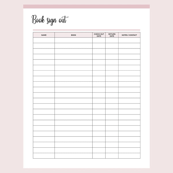 Printable Book Borrowing Sign-Out Form