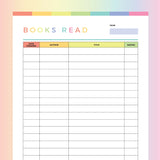 Printable Book Reading Log For Kids - Rainbow