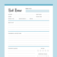 Printable Book Review Template - Blue