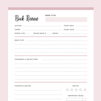 Printable Book Review Template - Pink