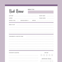 Printable Book Review Template - Purple