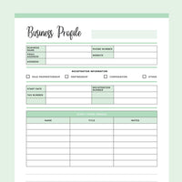 Printable Business Profile Sheet - Green