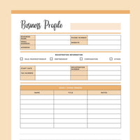 Printable Business Profile Sheet - Orange