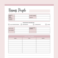 Printable Business Profile Sheet - Pink