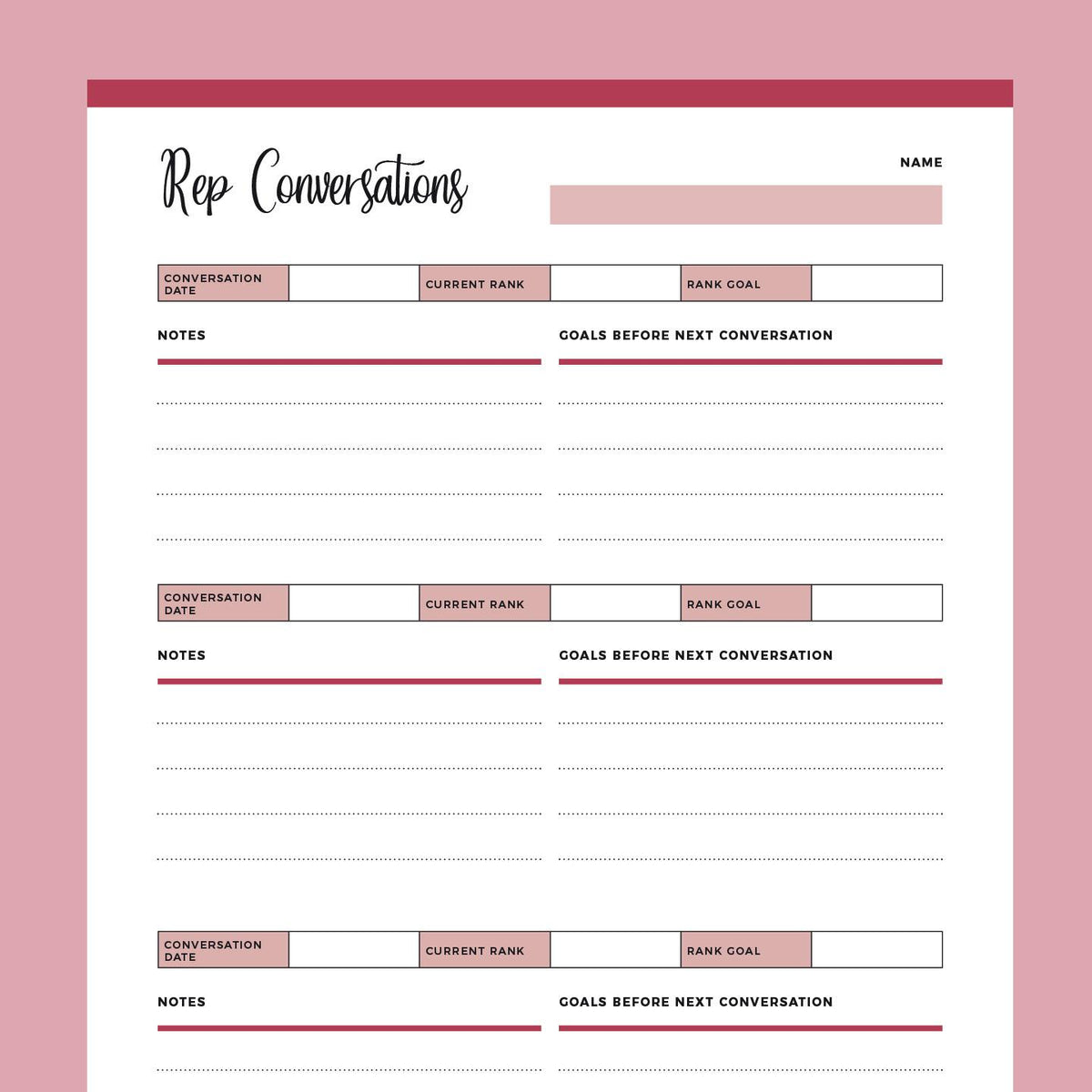 Rep Count Log Printable Business Rep Conversation Log – Plan Print Land