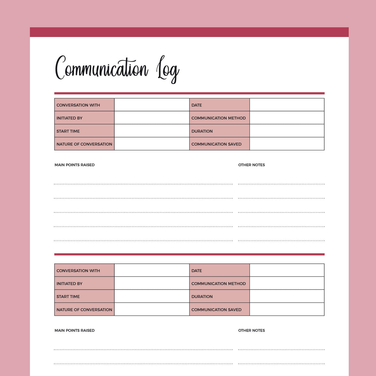 Printable Call Log – Plan Print Land