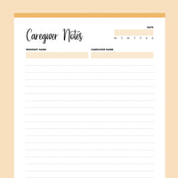 Printable Caregiver Notes - Orange