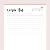 Printable Caregiver Notes - Pink