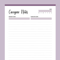 Printable Caregiver Notes - Purple