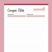 Printable Caregiver Notes - Red