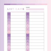 Printable Category Listing Game - Pink and Purple Rainbow