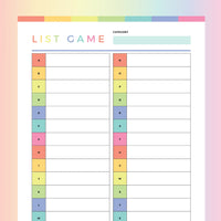 Printable Category Listing Game - Rainbow