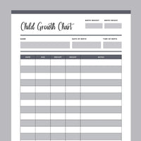 Printable Child Growth Tracking Chart - Grey
