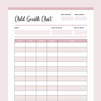 Printable Child Growth Tracking Chart - Pink