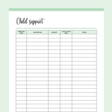 Printable Child Support Payment Tracking Sheet - Green