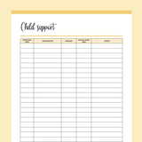 Printable Child Support Payment Tracking Sheet - Yellow
