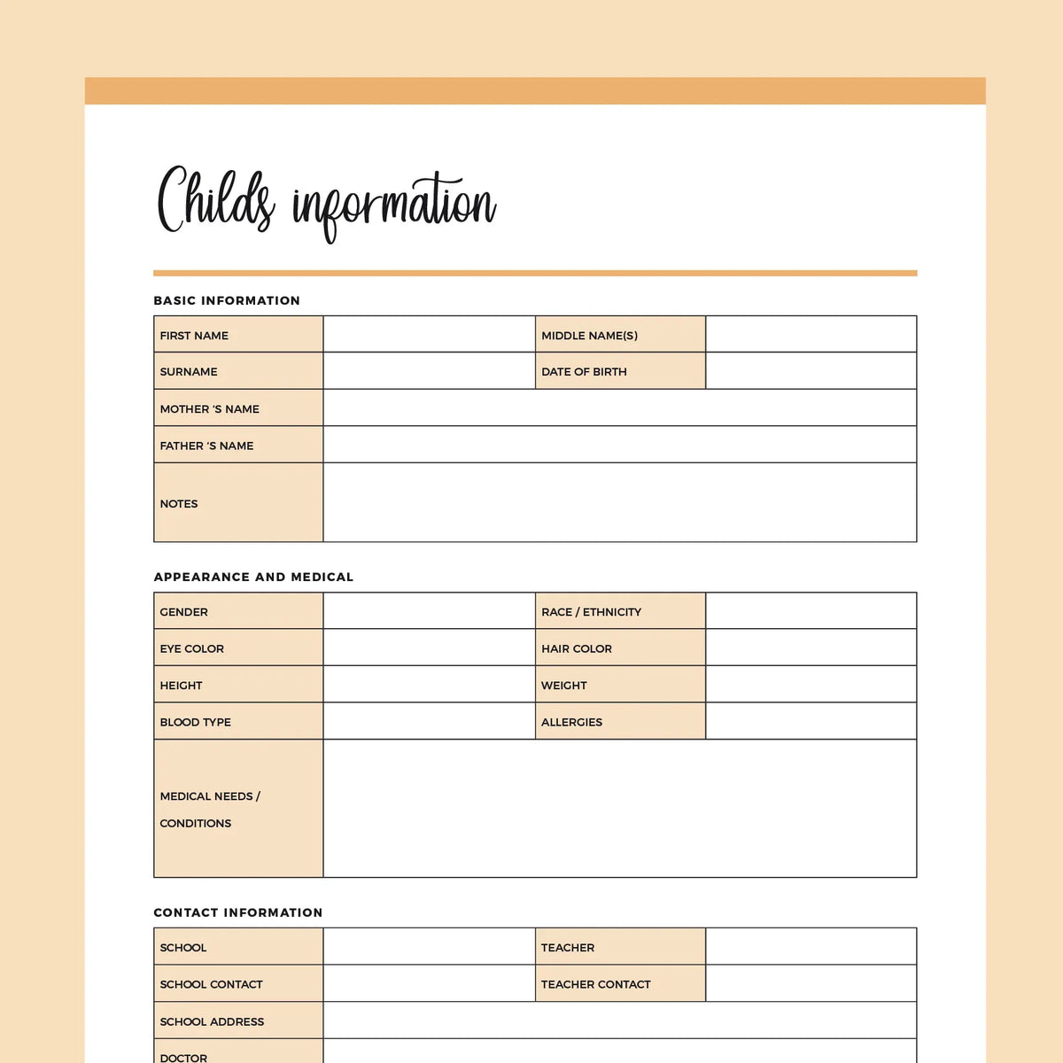 Printable Childs Information Documents – Plan Print Land