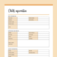 Printable Childs Information Documents - Orange