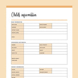 Printable Childs Information Documents - Orange