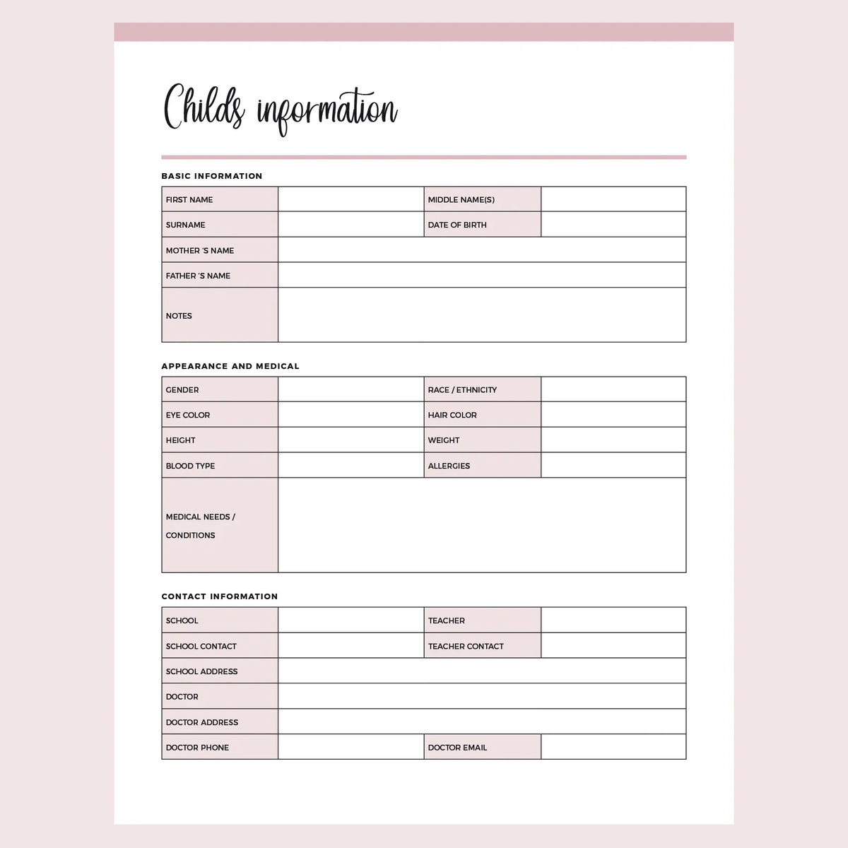 Printable Childs Information Documents – Plan Print Land