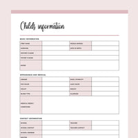 Printable Childs Information Documents - Pink