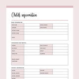 Printable Childs Information Documents - Pink