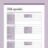 Printable Childs Information Documents - Purple
