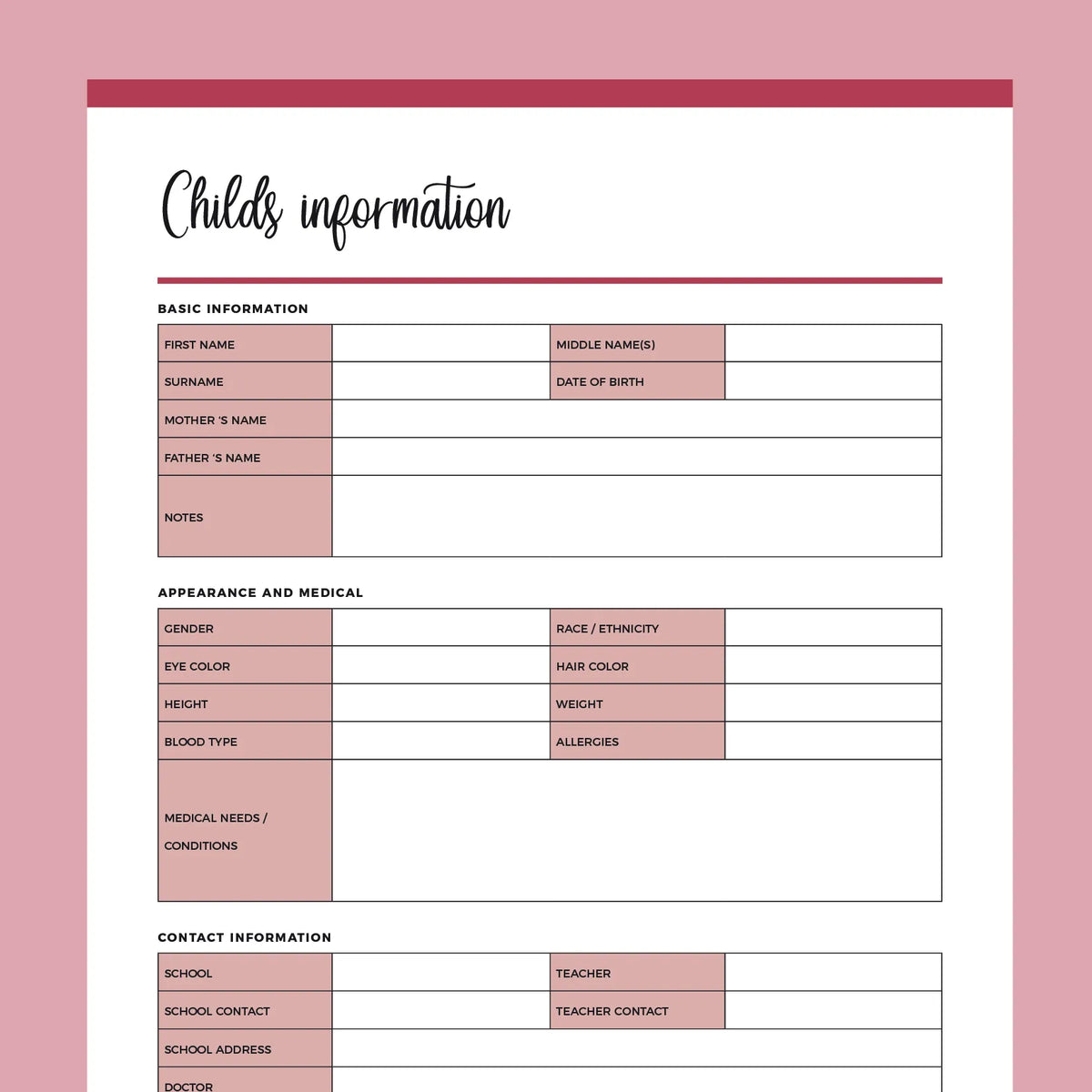 Printable Childs Information Documents – Plan Print Land