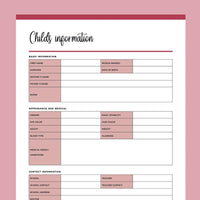 Printable Childs Information Documents - Red