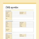 Printable Childs Information Documents - Yellow