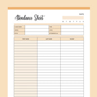 Printable Class Attendance Sheet - Orange