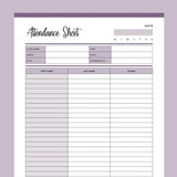 Printable Class Attendance Sheet - Purple