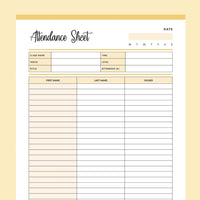 Printable Class Attendance Sheet - Yellow