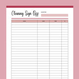 Printable Cleaning Company Sign Off Form - Red