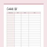 Printable Contact List - Pink